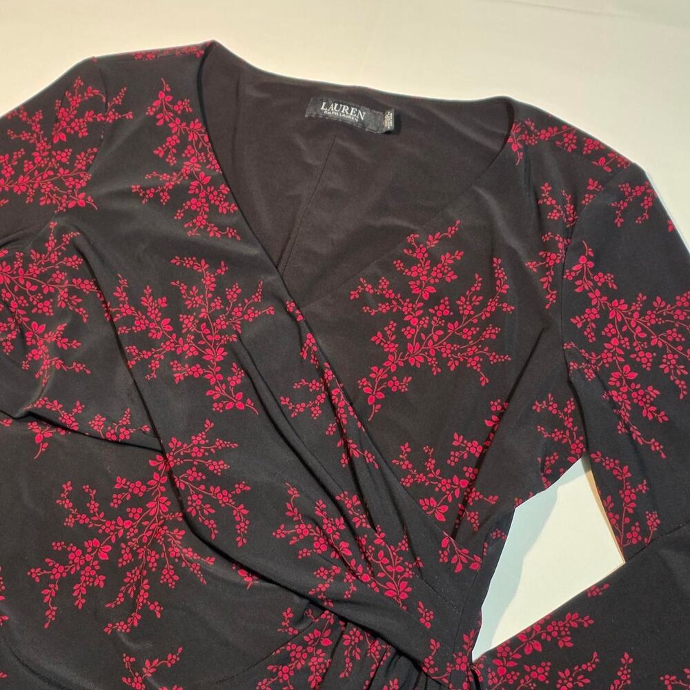 Lauren Ralph Lauren Red & Black Floral Faux-Wrap Jersey Dress Size 12